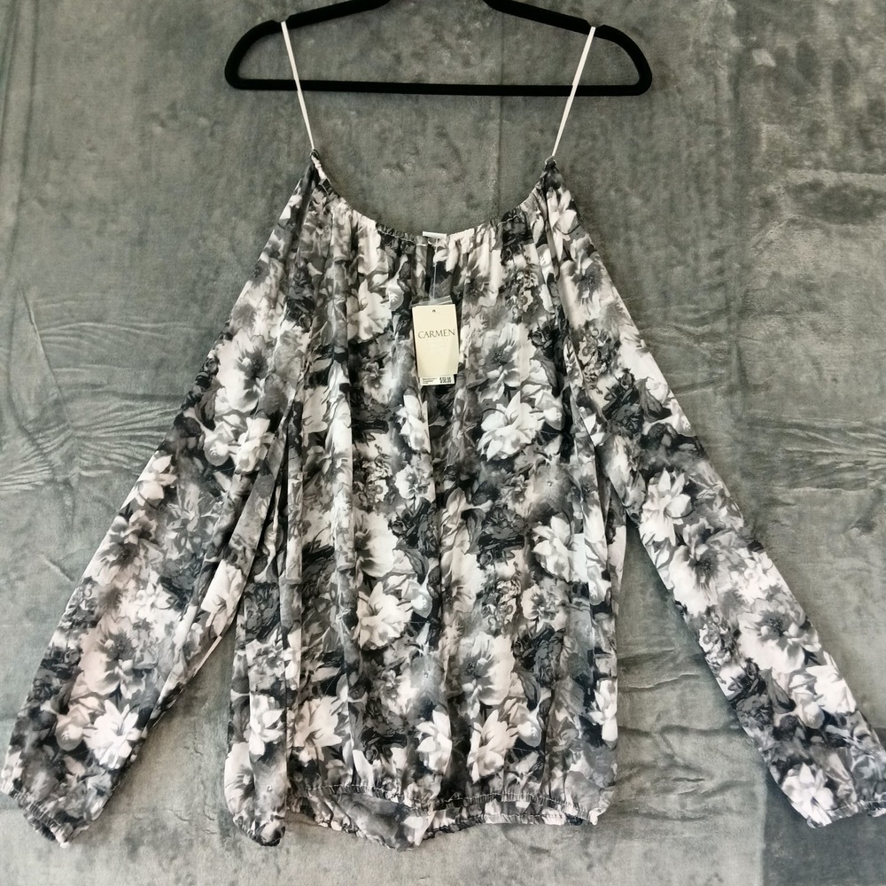 NWT Carmen Marc Valvo Blouse Womens L Gray Floral‎ Long Sleeve Off Shoulder Top